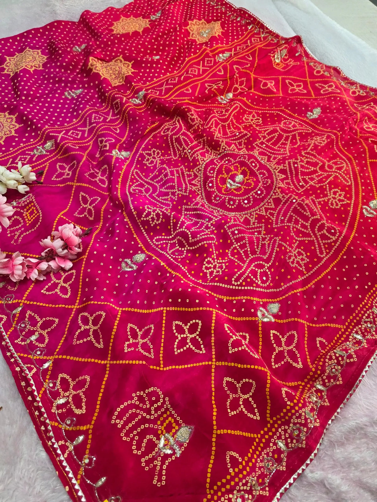 4620 Traditional Bandhani Print Pure Upada Silk Saree with Gotapatti Handwork - Red Pink