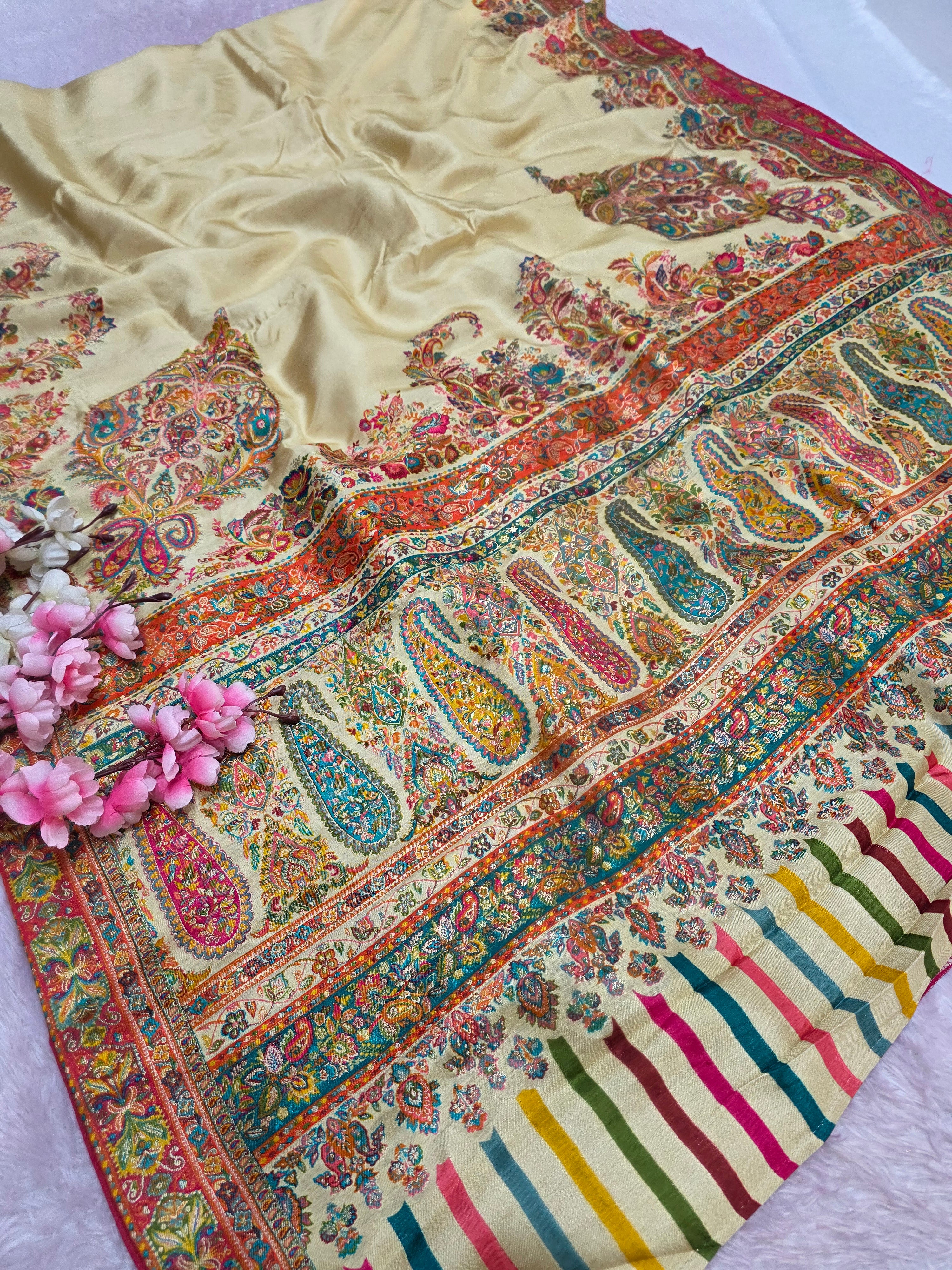 703005 Exclusive Pashmina Kashmiri Work Pure Kashmiri Pure Viscos Silk Cream Saree
