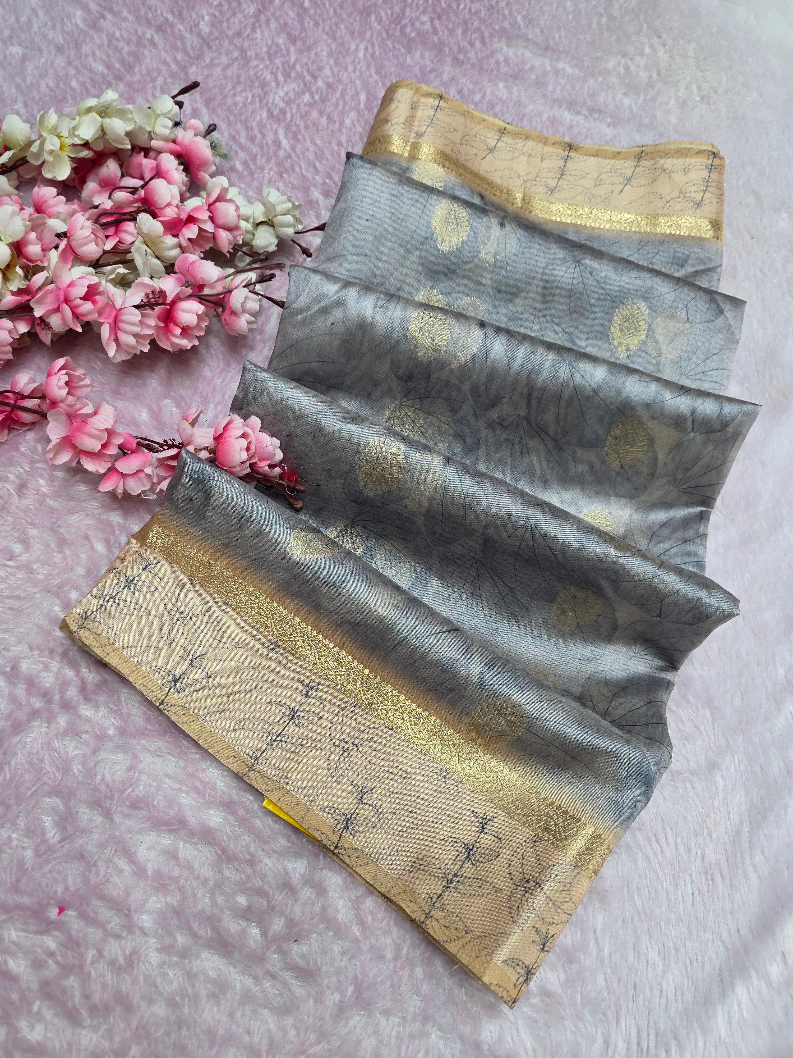 103106 Chitra Special Soft Banarasi Silk Saree with Flower Printed Blouse and Zari Weaving