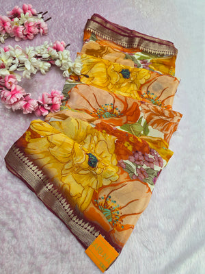 CA0720 Chitra Special Pure Chinon Silk Printed Saree Peach