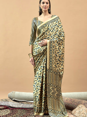 727002 Trending Ajrakh Print Semi Modal Silk Saree - Yellow