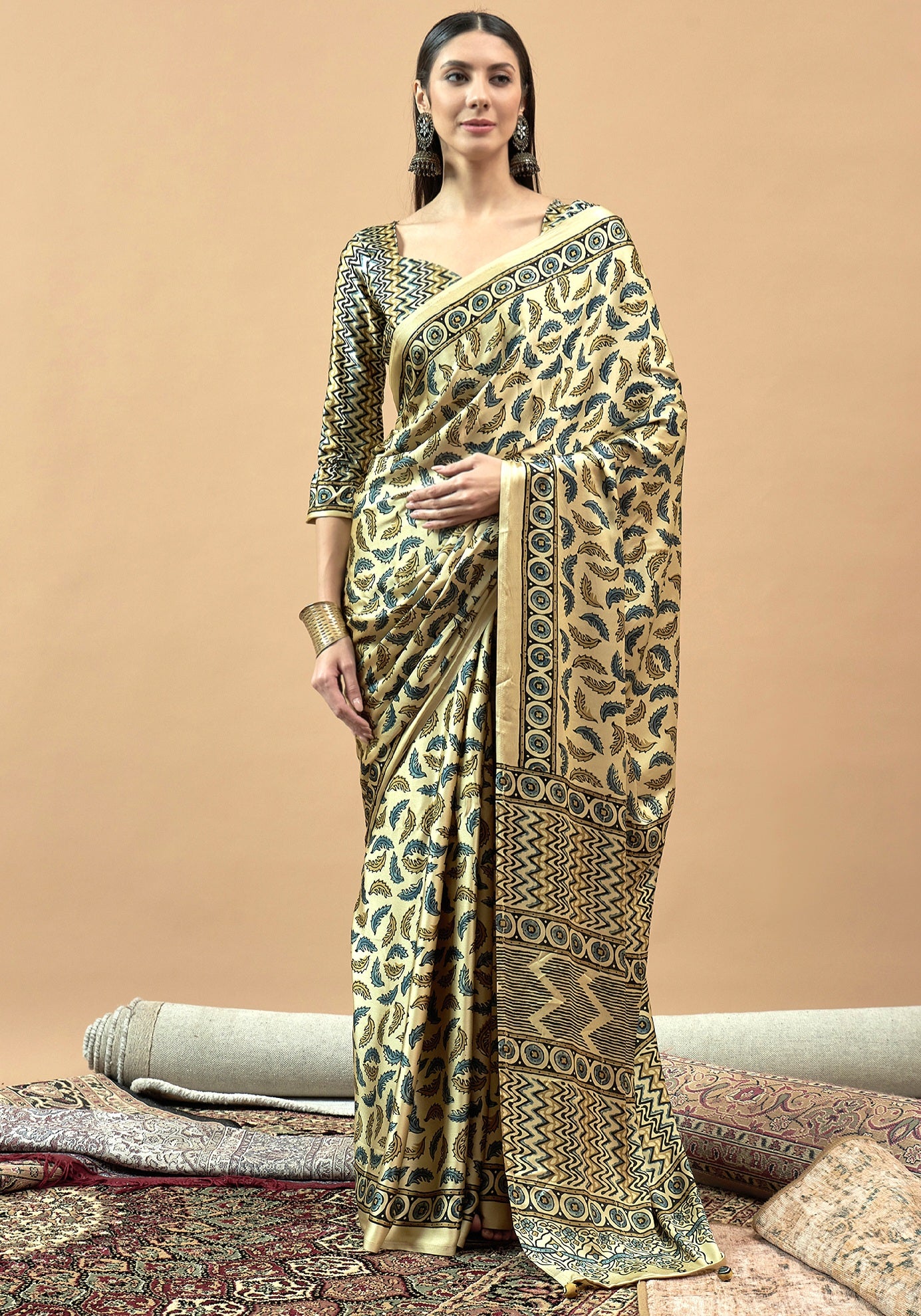 727002 Trending Ajrakh Print Semi Modal Silk Saree - Yellow