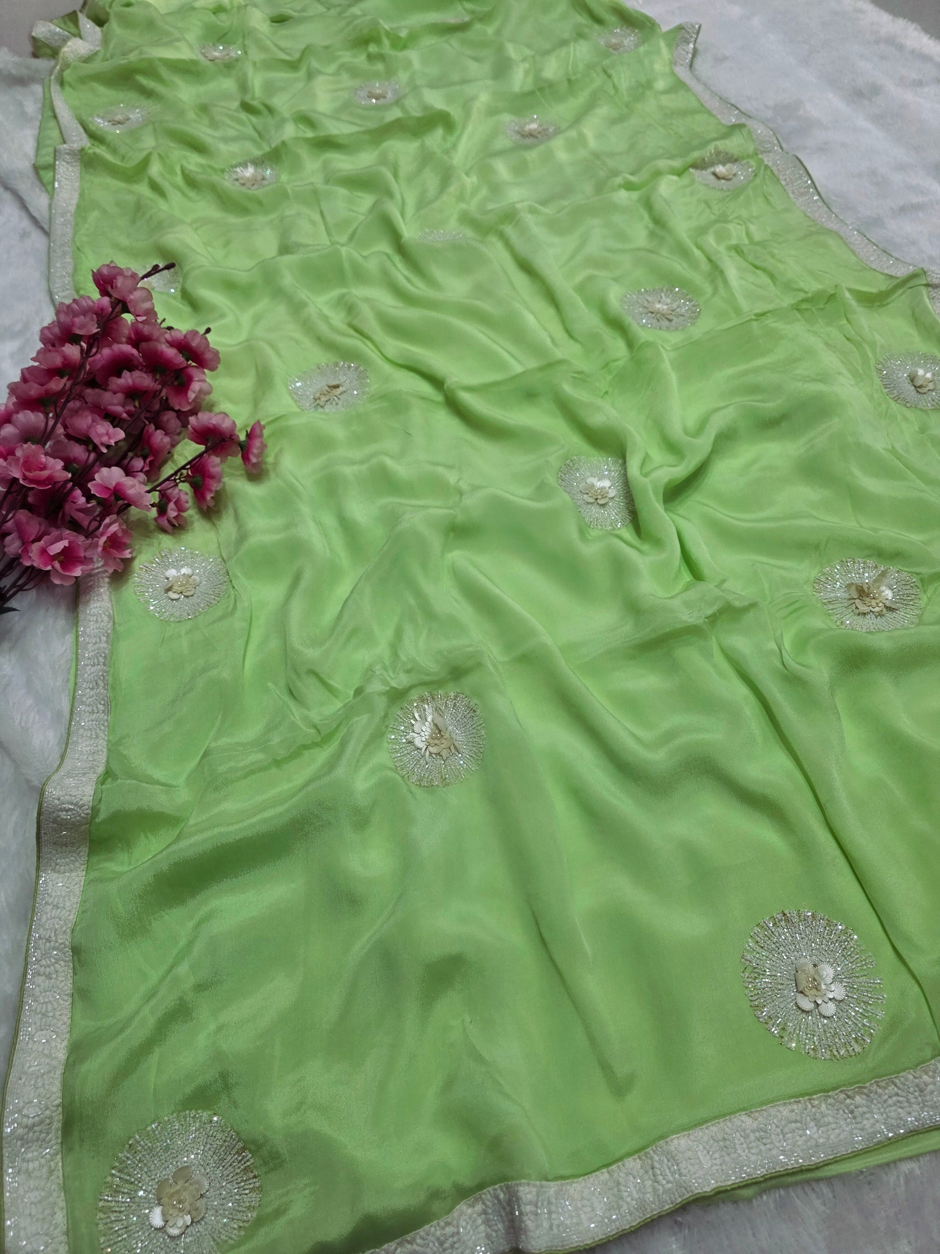 C78008 Exclusive Fancy Pure Chinon Silk Saree with White Cutdana Work green