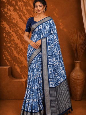 CA0705 Pure Chinon Silk Flower Saree Blue