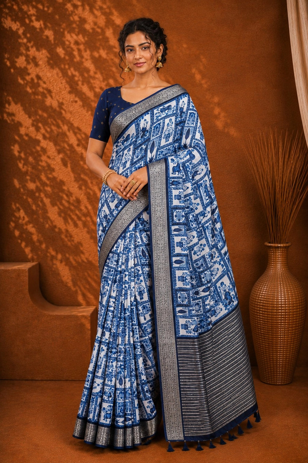 CA0705 Pure Chinon Silk Flower Saree Blue