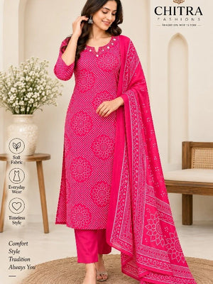 2084 Pure Cotton Straight Bandhani Print Cotton Kurti Set With Pant and Dupatta - Rani