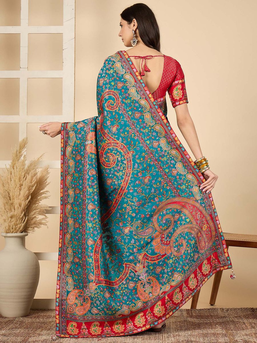 931001 Royal Kashmiri Pashmina Work Pure Soft Dola Silk Saree with Heavy Zari Blouse - Blue