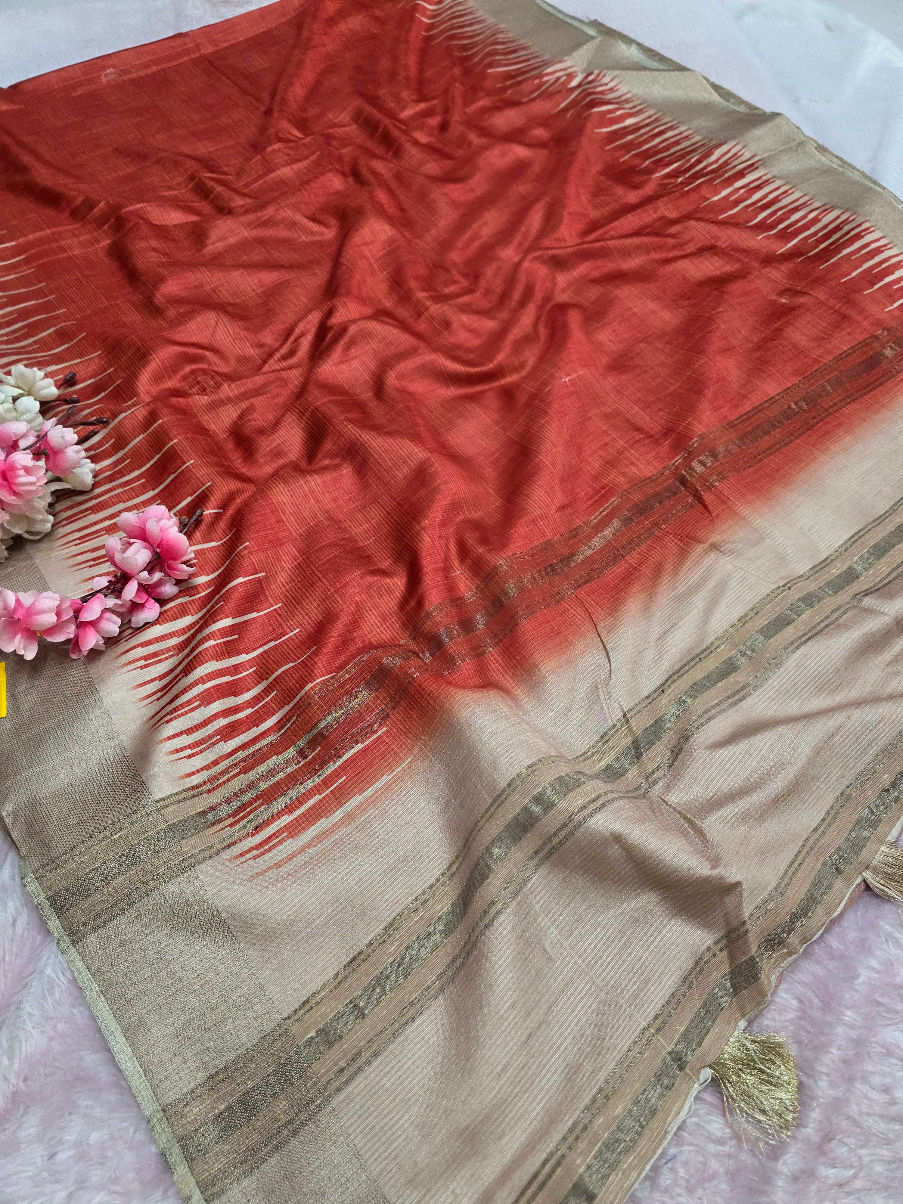 103107 Chitra Special Soft Banarasi Silk Saree with Heavy Flower Printed Blouse - Orange