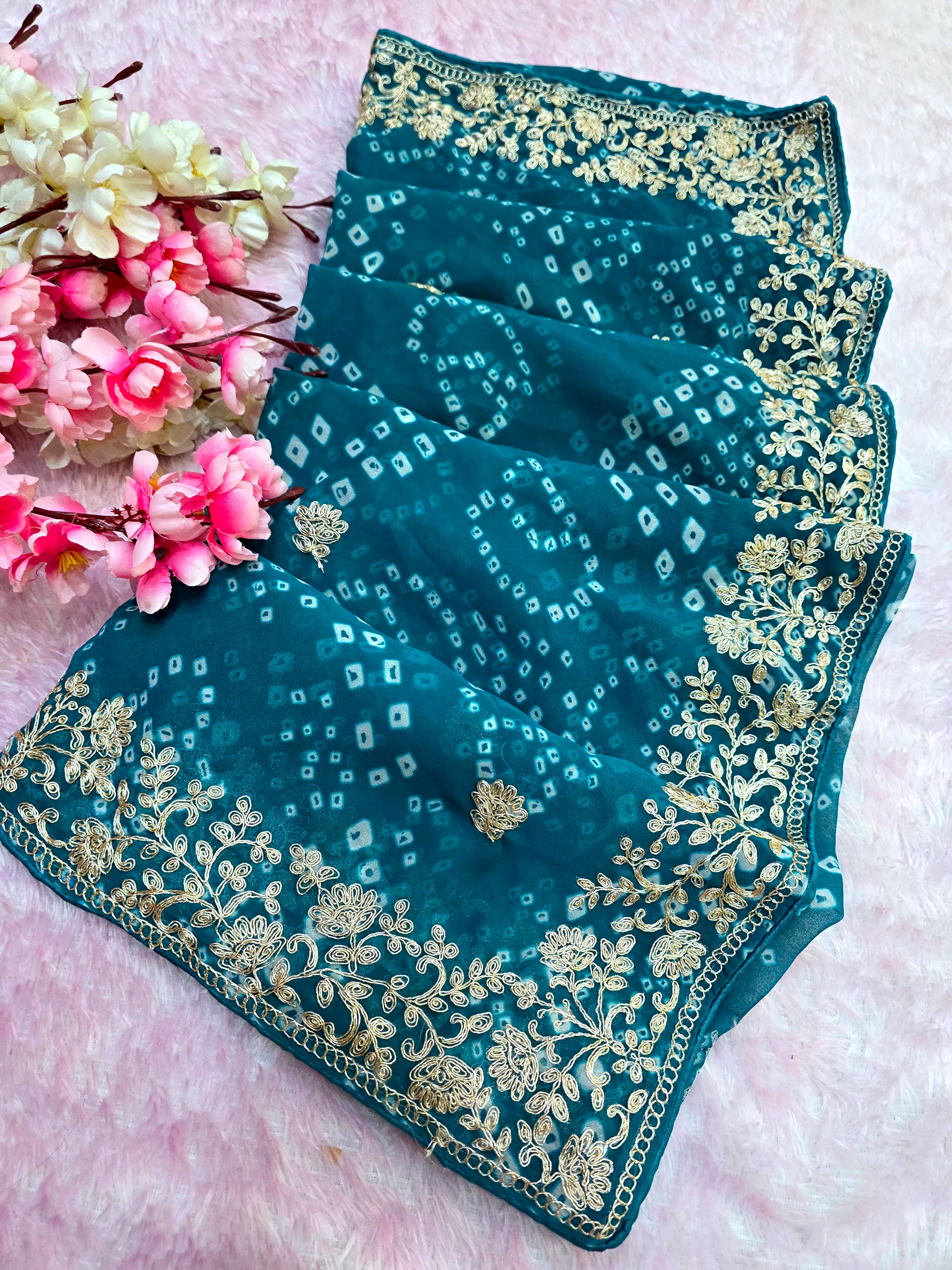 967001 Rajasthani Traditional Georgette Bandhani Saree with Pitta Work - Teal Blue