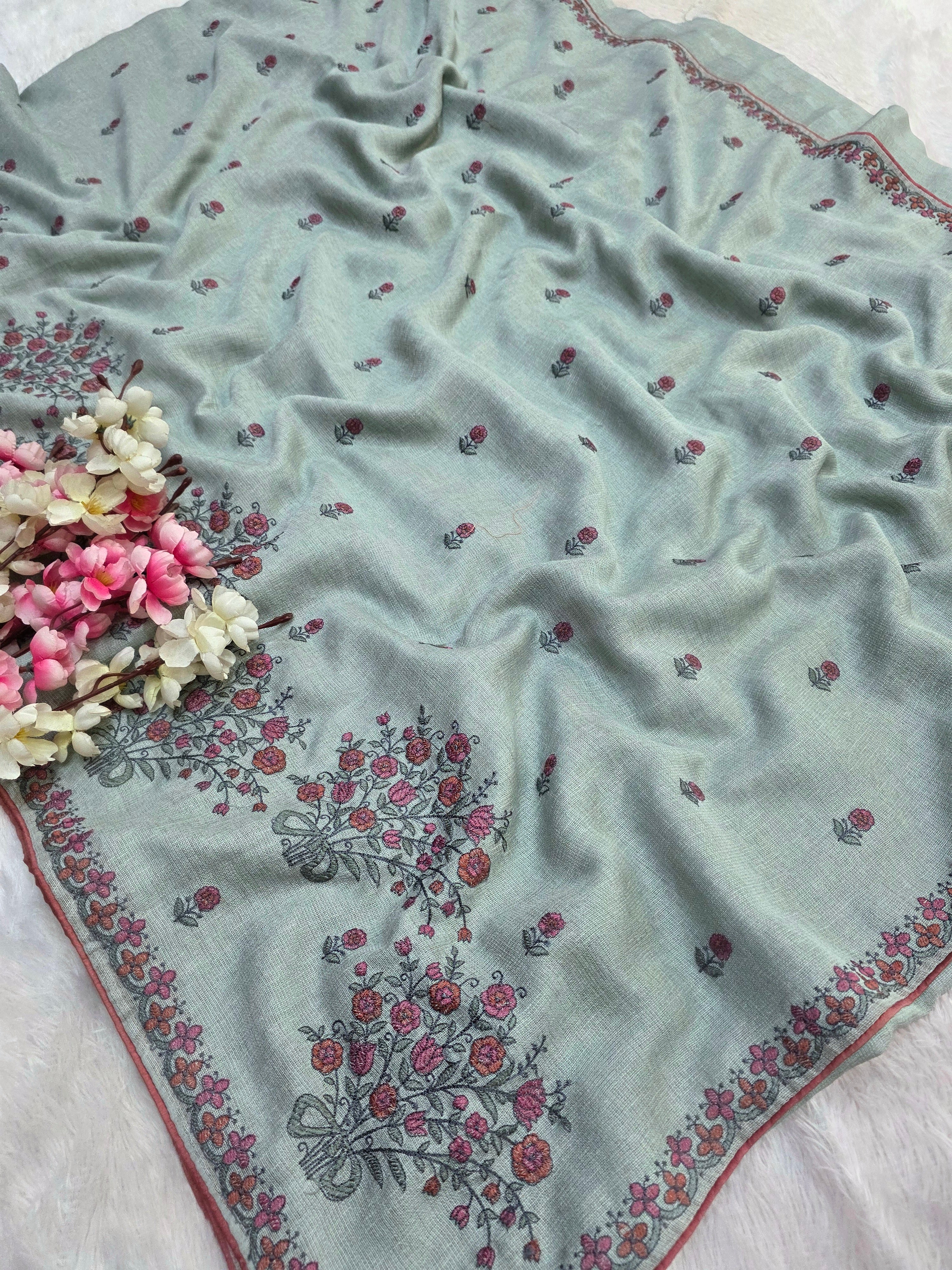 423009 Pure Linen Blend Saree with Embroidery Gray