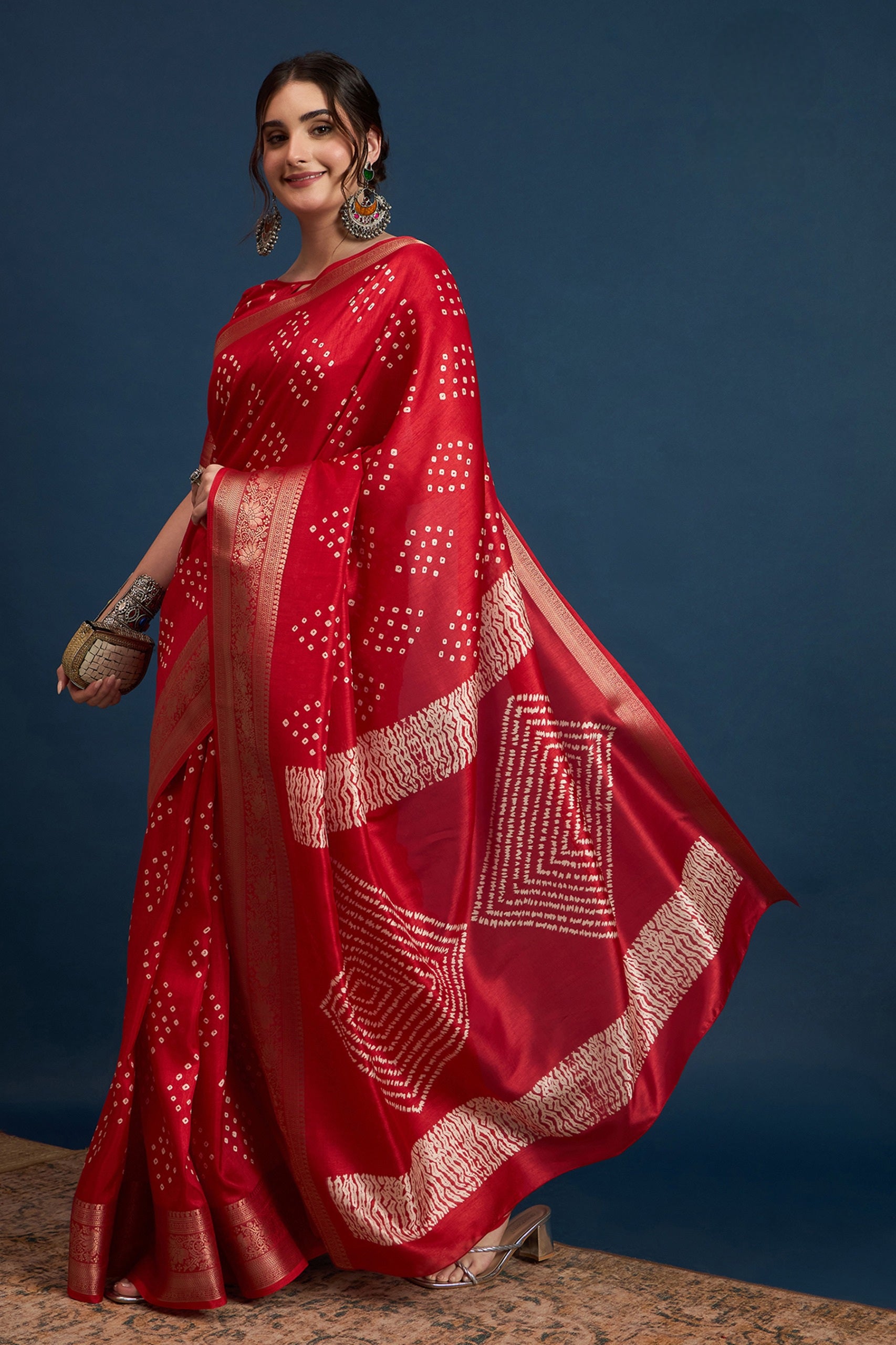 2422 Soft Semi Dola Silk Bandhani Print Saree with Banarasi Border - Red