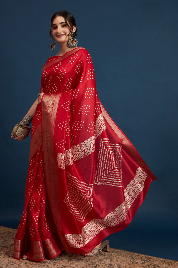 2422 Soft Semi Dola Silk Bandhani Print Saree with Banarasi Border - Red