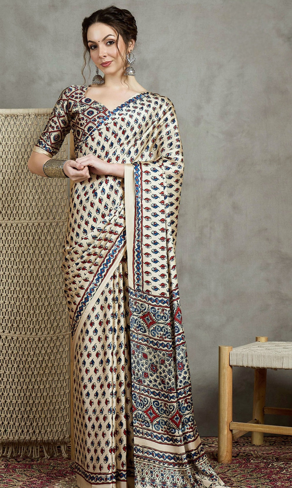 823004 Trending Ajrakh Print Semi Modal Silk Green Saree - Cream