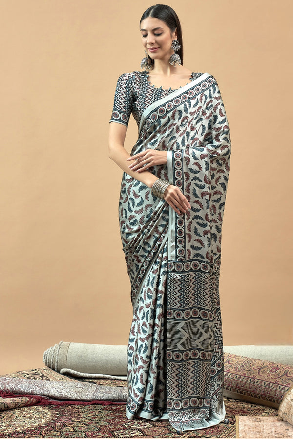 727002 Trending Ajrakh Print Semi Modal Silk Saree