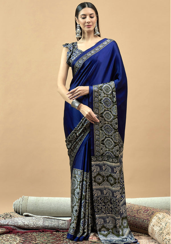 727001 Trending Ajrakh Print Semi Modal Silk Saree