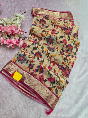CA0704 pure chinon silk flower saree pink