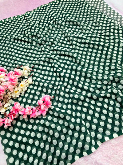 845003 Lightweight Elegant Semi Chiffon Polki Dot Print Saree - Green White