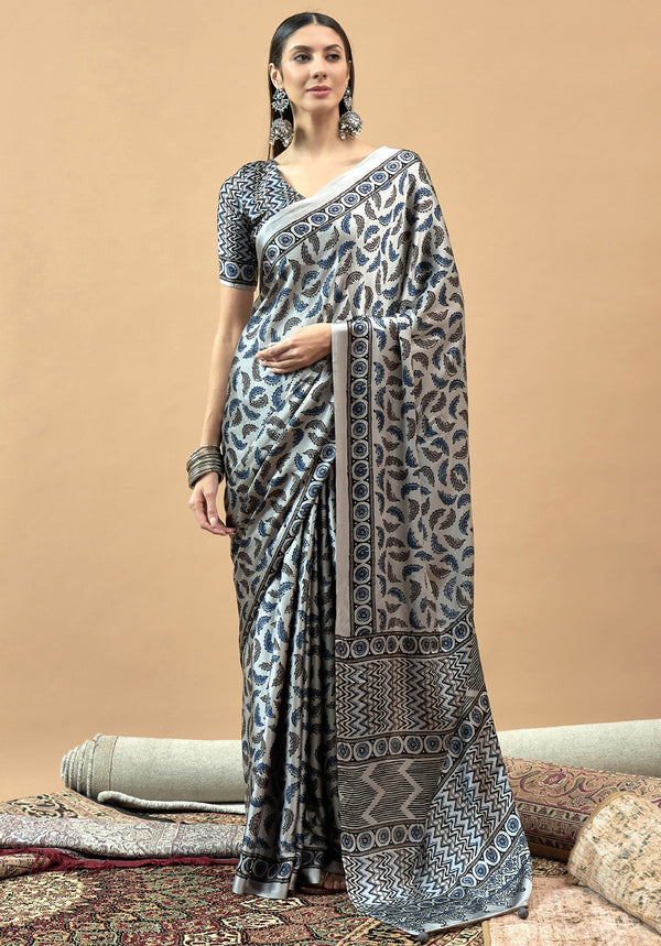 727002 Trending Ajrakh Print Semi Modal Silk Saree