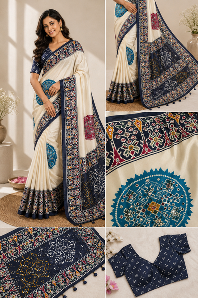 CA0768 Trending Mirror Work Ajrakh Patola Print Semi Modal Silk Saree - Blue