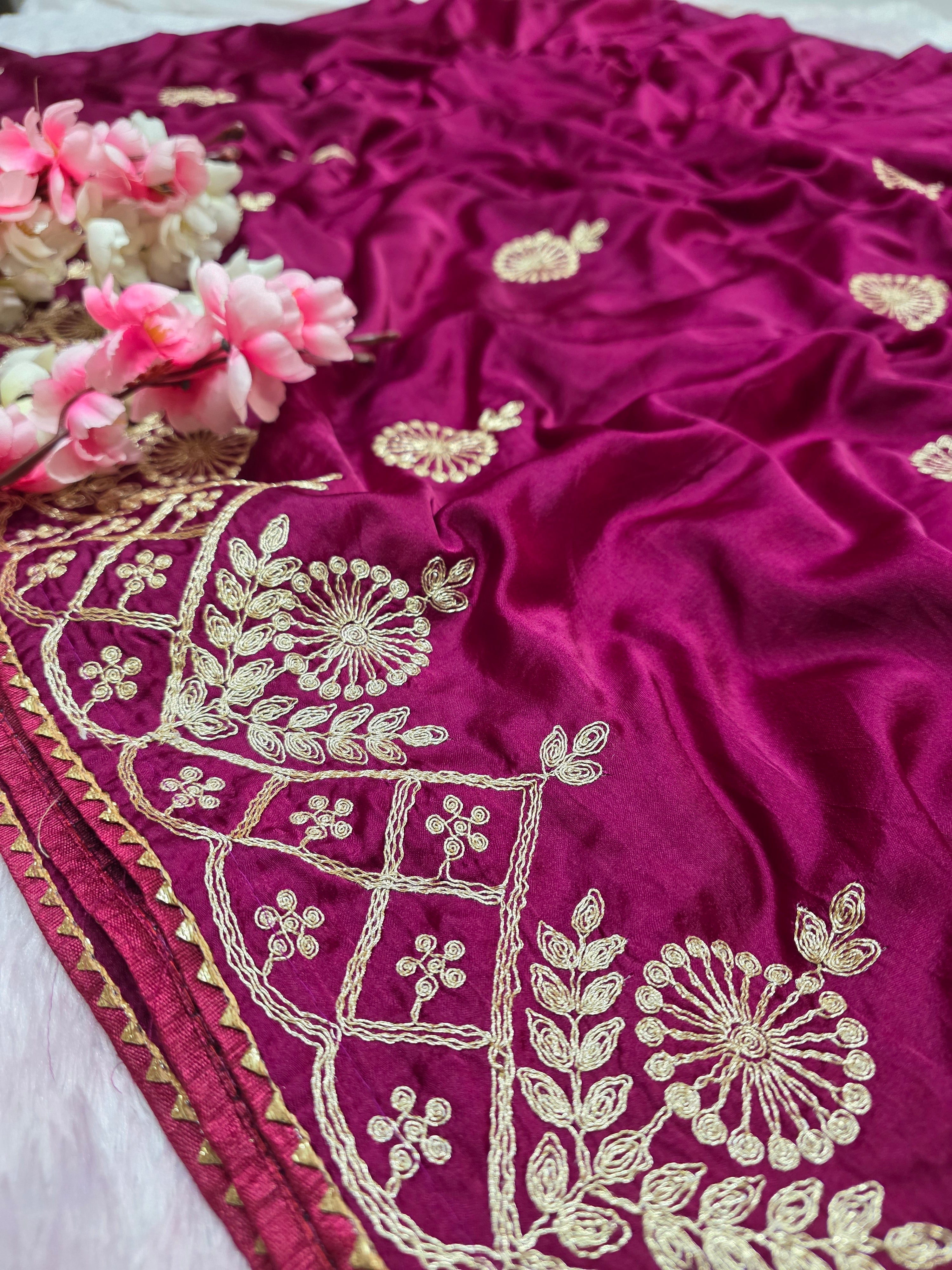 966006 Designer Semi Gajji Silk Pita Work Saree with Lagadi Patta - Wine