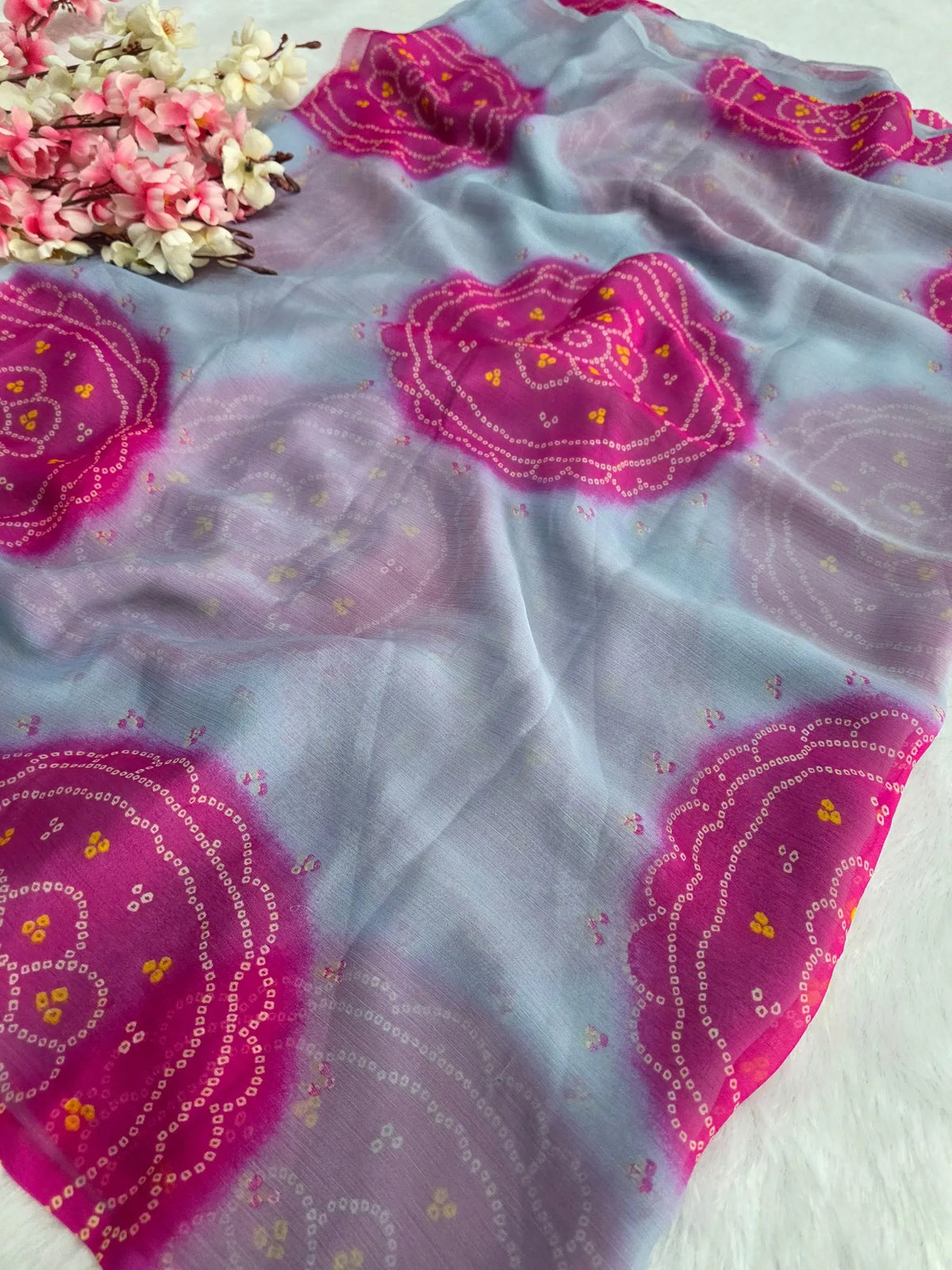 CA1486 Lightweight Elegant Semi Chiffon Bandhani Print Saree - Gray