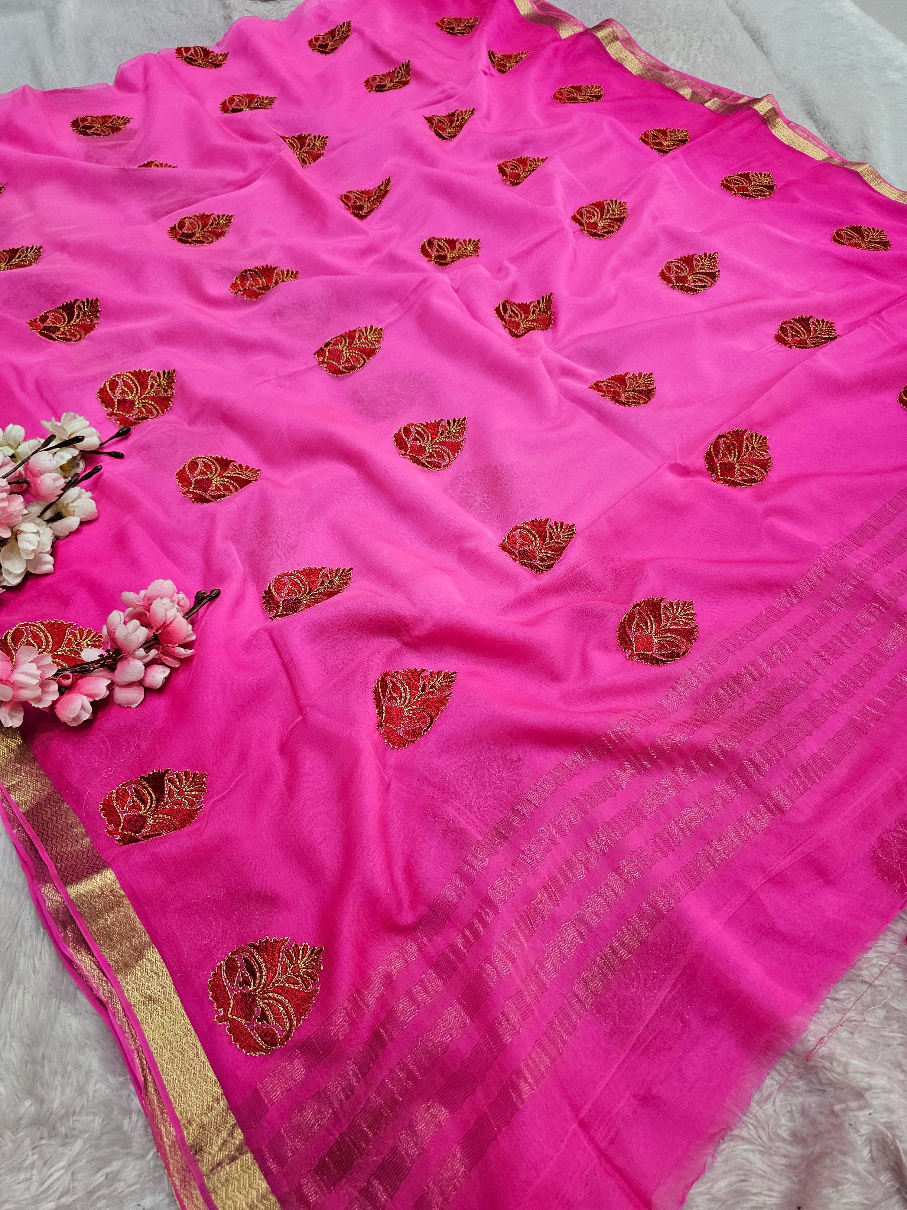 148001 Pure Diamond Chiffon Saree With Embroidery and Zari Border