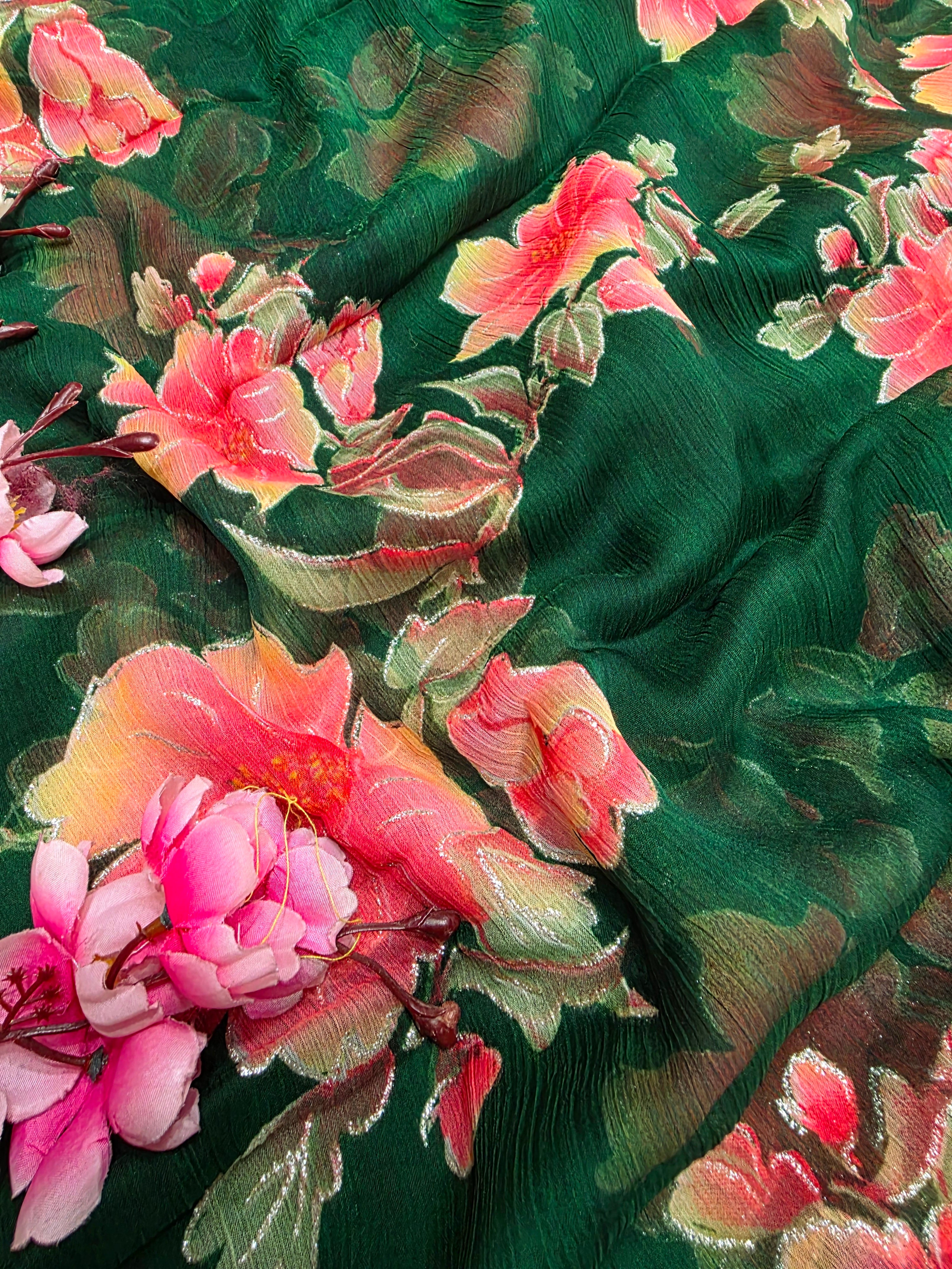 991005 Lightweight Elegant Semi Chiffon Flower Print Saree with Zari Print - Green