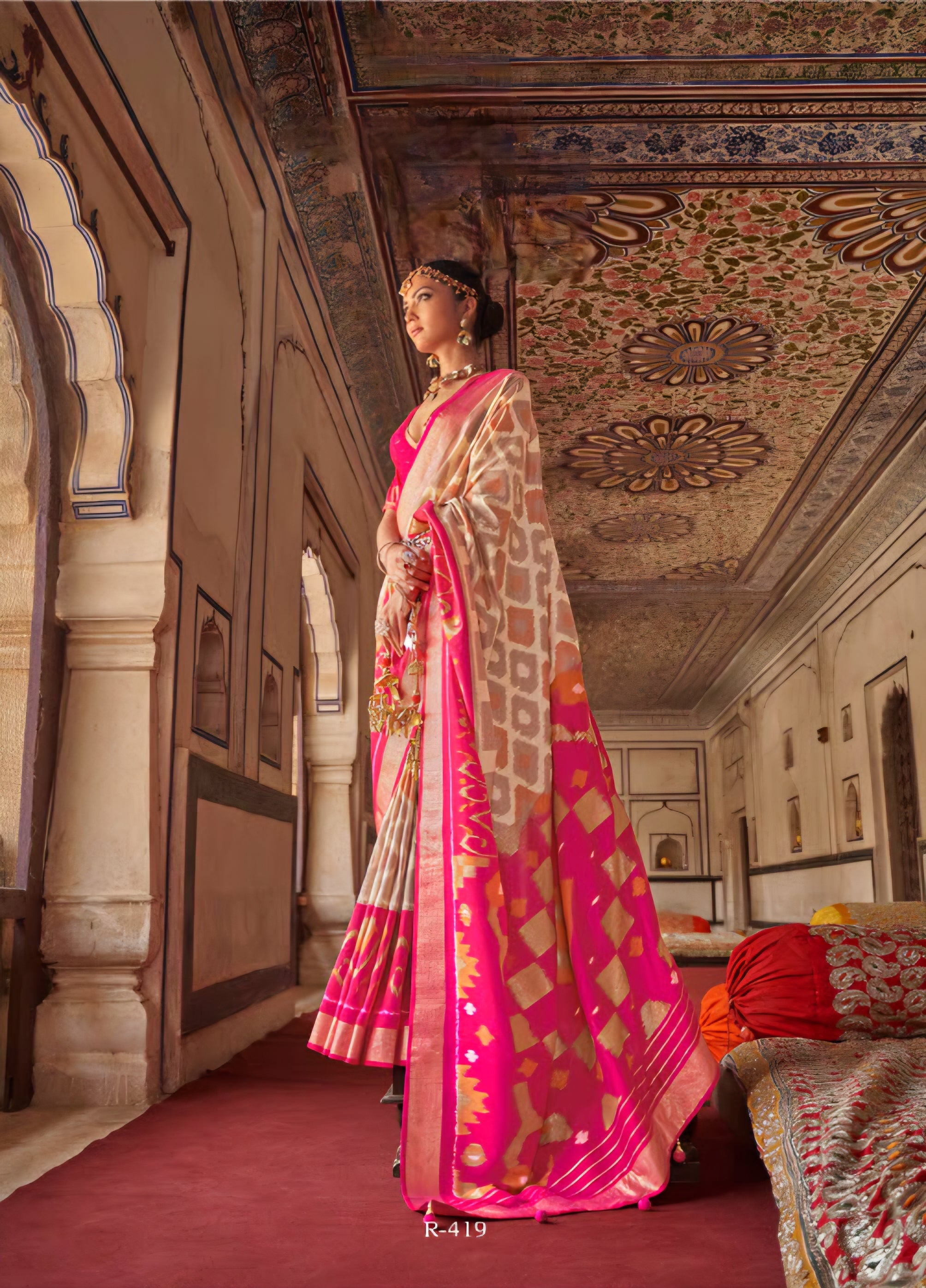 999004 Premium Patola Print Silk Cream Saree With Gold Print