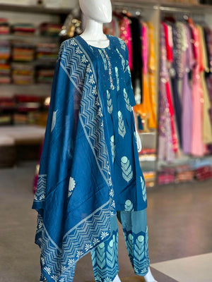 1849 Pure Cotton A-Line Flower Print Cotton Kurti Set With Pant and Dupatta - Blue
