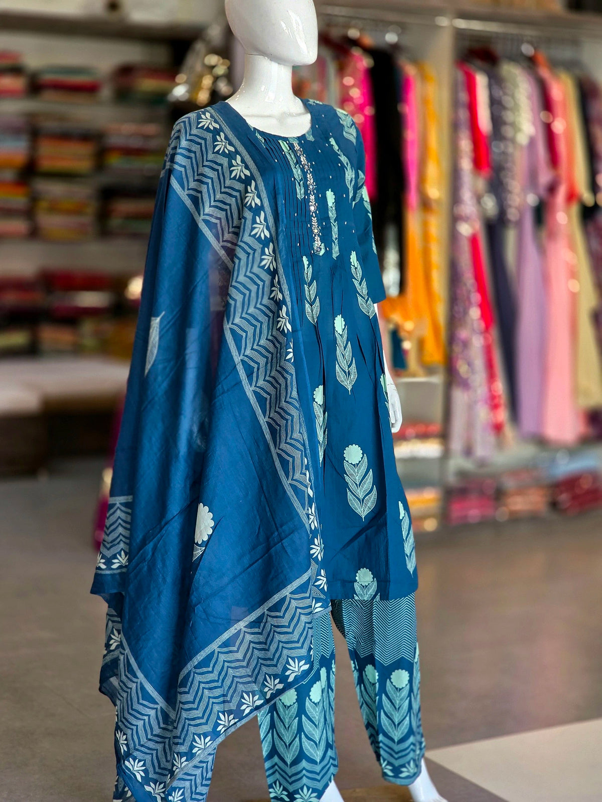 1849 Pure Cotton A-Line Flower Print Cotton Kurti Set With Pant and Dupatta - Blue