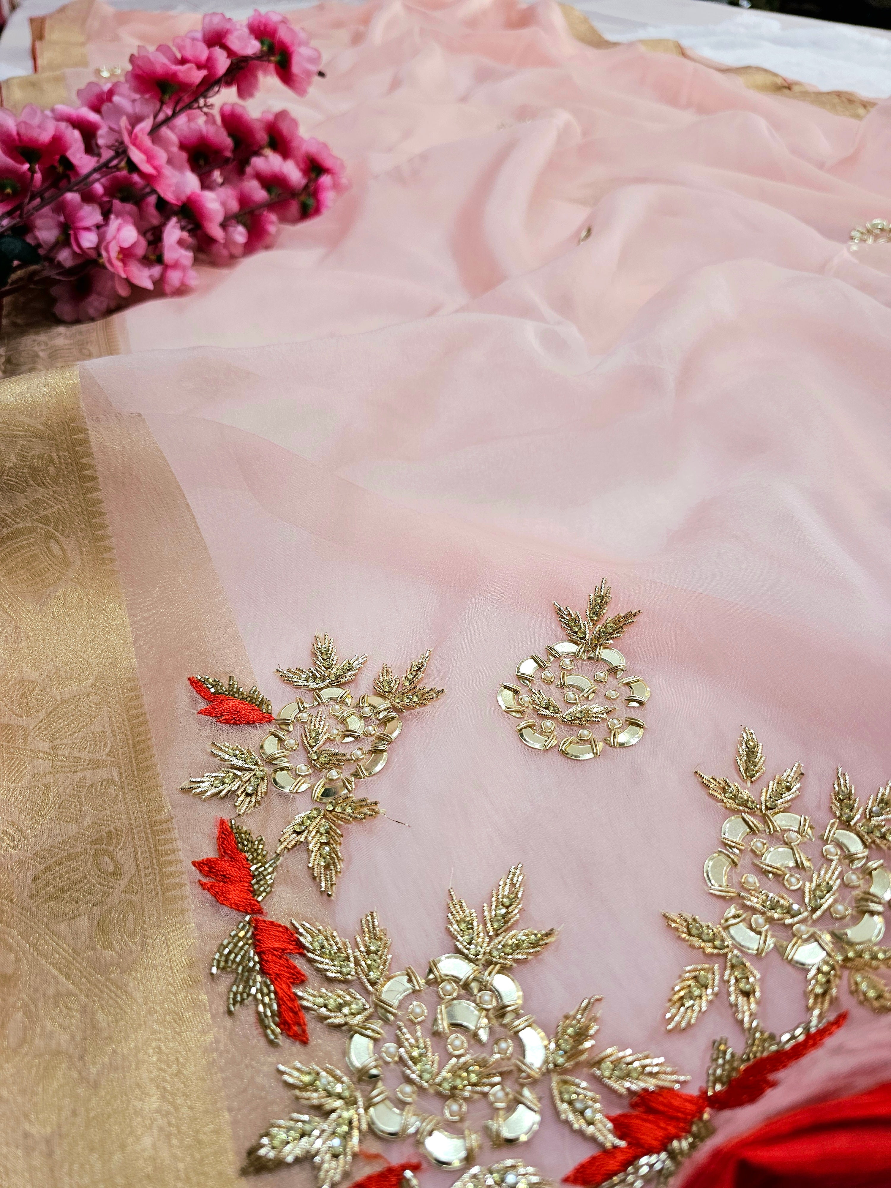 782012 Traditional Organza Saree With Hand Cutdana Work