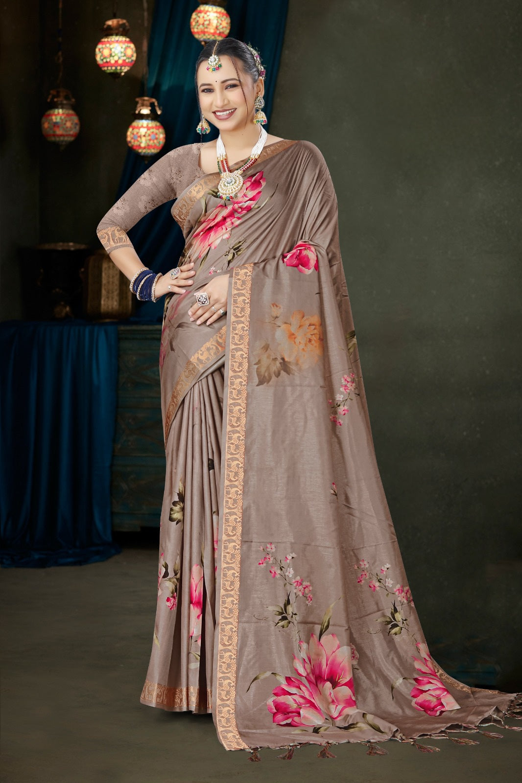 982005 Bollywood Style Soft Crepe Silk Flower Print Saree with Zari Weaving Border