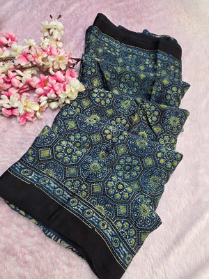 CA0737 Pure Modal Silk Ajrakh Natural Dye Saree Blue- Green