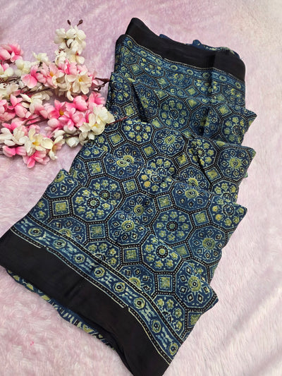CA0737 Pure Modal Silk Ajrakh Natural Dye Saree Blue- Green