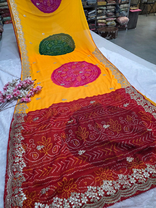 967005 Traditional Bandhani Ghewar Georgette Saree with Gotapatti Work - Yellow