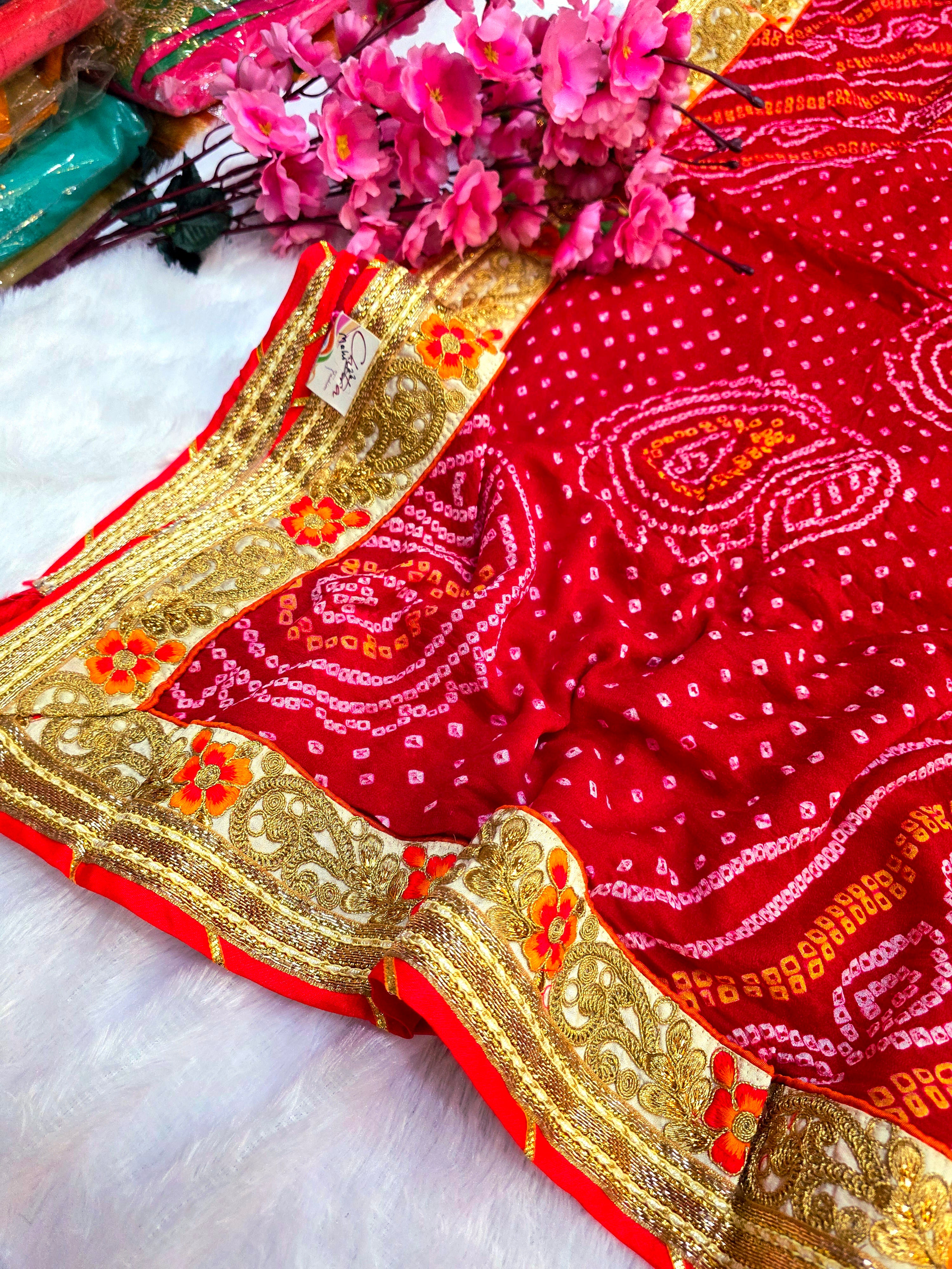 786002 Exclusive Rajasthani Pure Ojariya Hand Bandhani Saree With Zari Work Border