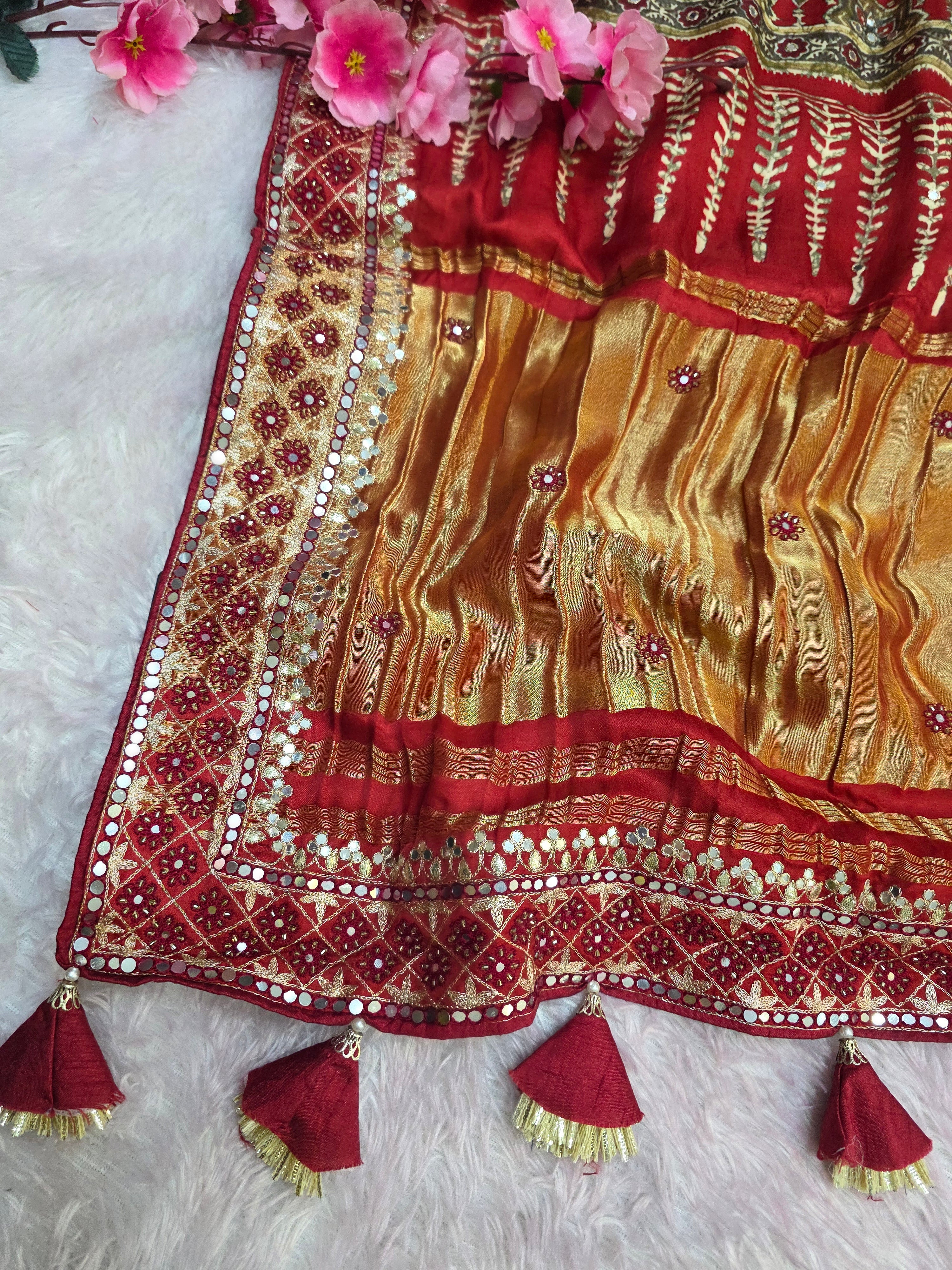9738 Traditional Pure Modal Silk Ajrakh Saree with Hand Aari Tari Work