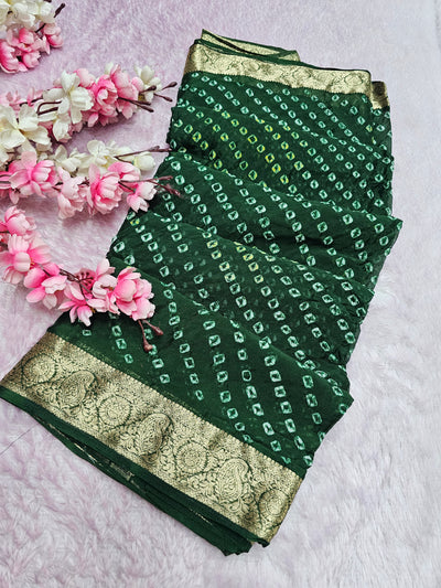 12529 Traditional Hand Bandhani Chinon Silk Soft Saree - Green