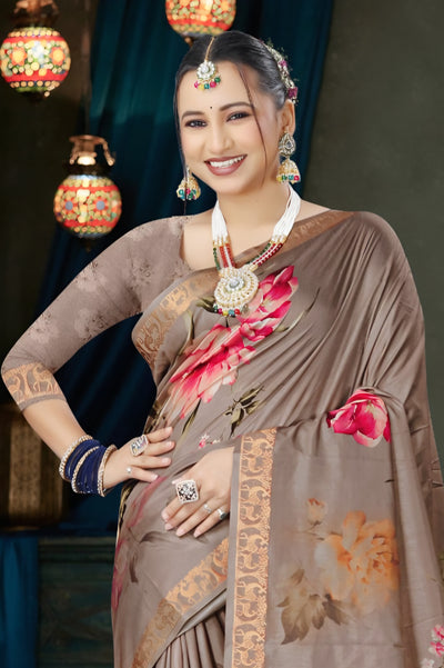 982005 Bollywood Style Soft Crepe Silk Flower Print Saree with Zari Weaving Border