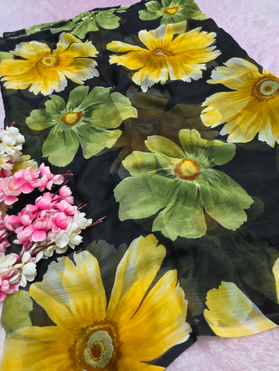 103904 Lightweight Elegant Semi Chiffon Flower Print Saree - Black