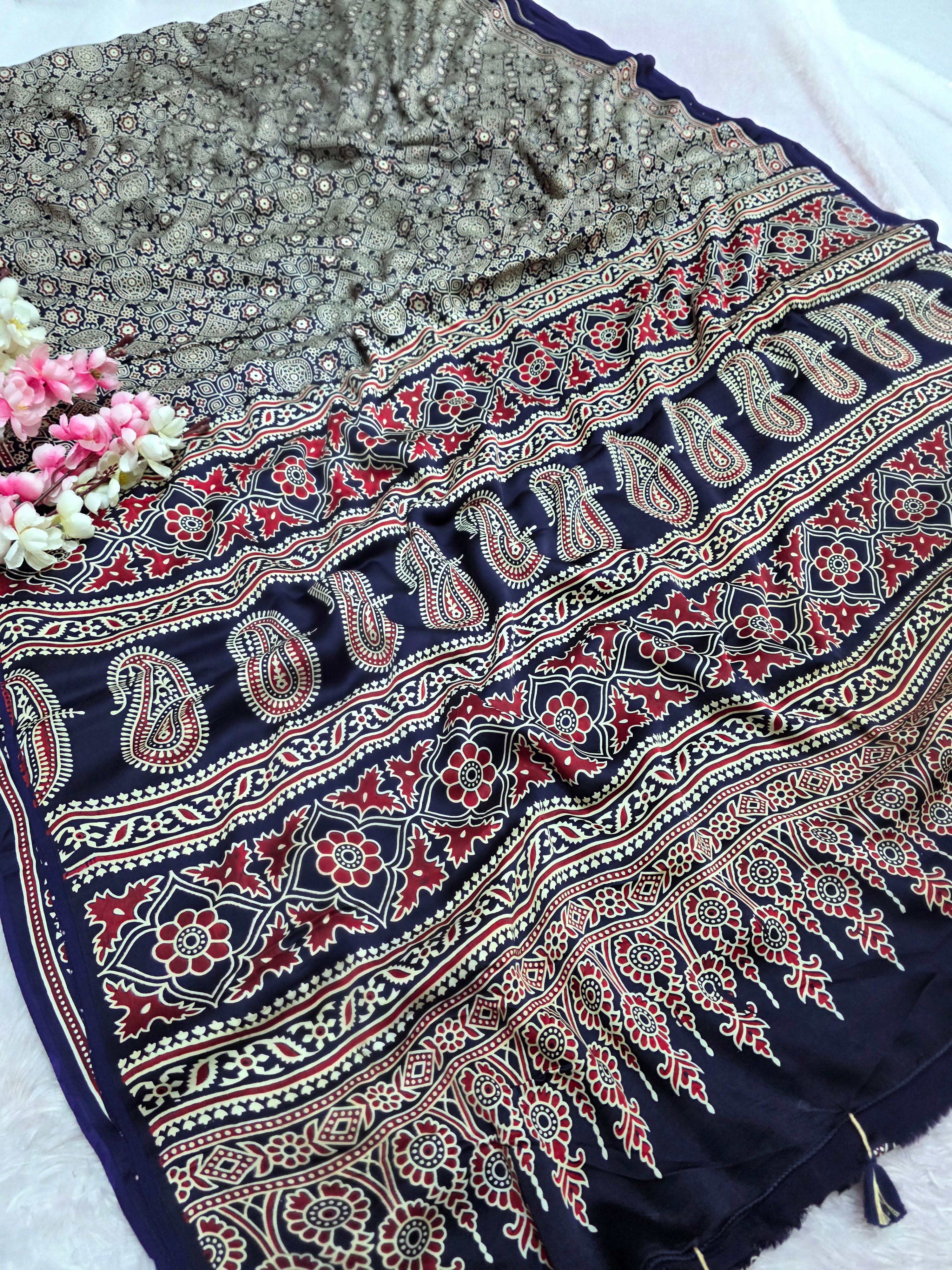 947002 Traditional Ajrakh Print Modal Silk Saree without Zari Pallu