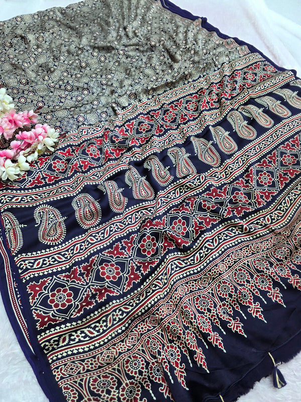 947002 Traditional Ajrakh Print Modal Silk Saree without Zari Pallu