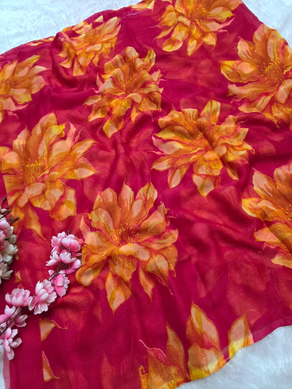 905001 Lightweight Elegant Semi Chiffon Flower Print Saree - Rani