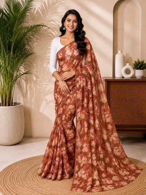 CA1031 Lightweight Elegant Semi Chiffon Flower Print Saree - Rust