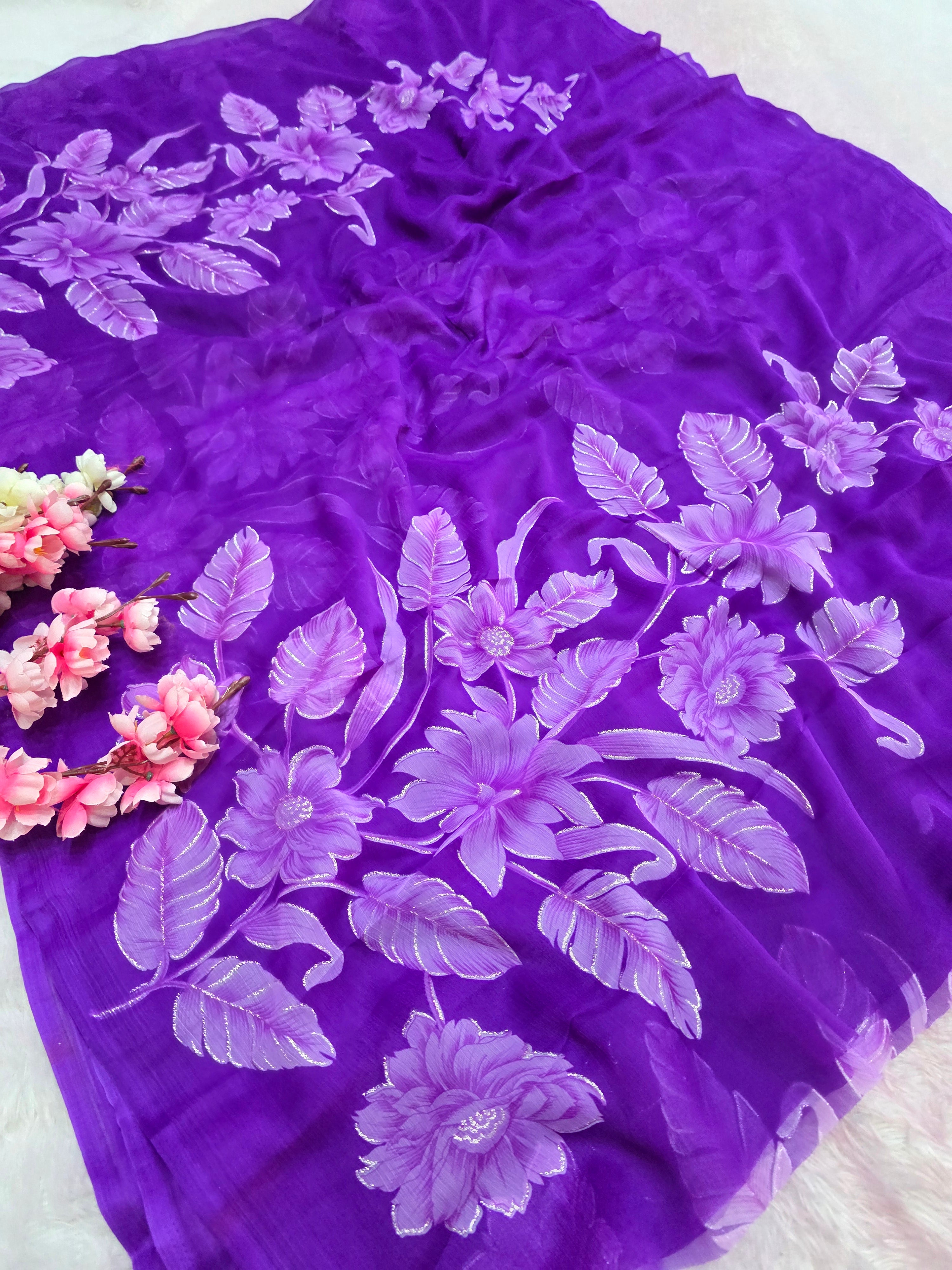 991003 Lightweight Elegant Semi Chiffon Flower Print Saree with Zari Print - Purple