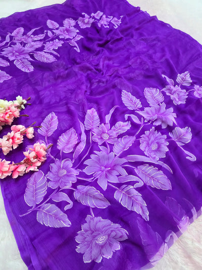 991003 Lightweight Elegant Semi Chiffon Flower Print Saree with Zari Print - Purple