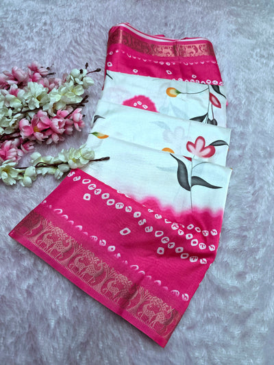 992003 Exclusive Bandhani with Flower Print Dola Silk Saree with Zari Weaving Border