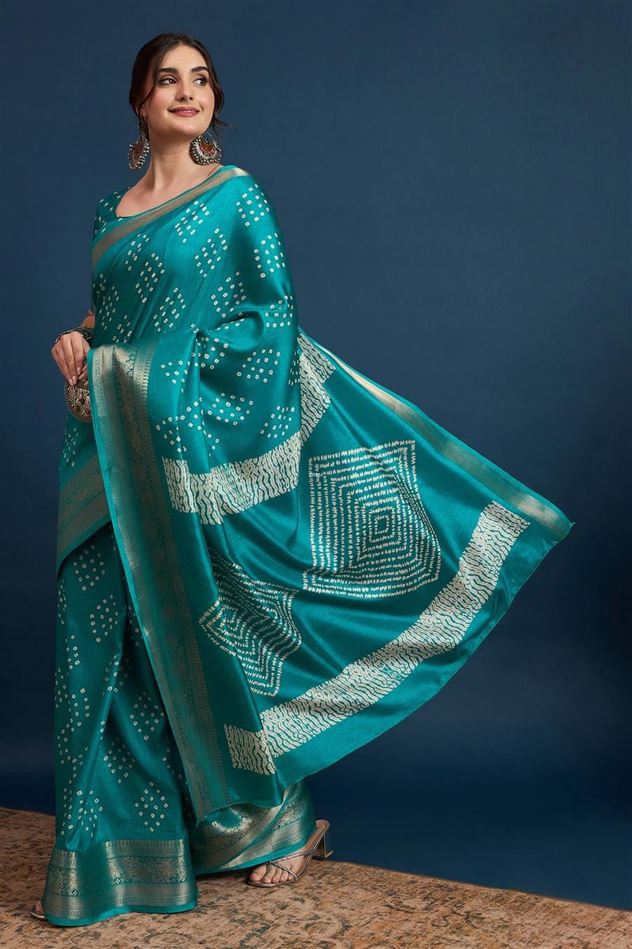 2422 Soft Semi Dola Silk Bandhani Print Saree with Banarasi Border - Teal Blue