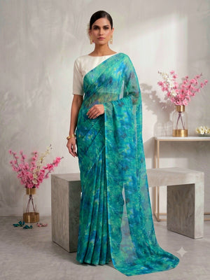 CA1019 Lightweight Elegant Semi Chiffon Flower Print Saree - Green
