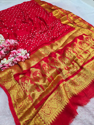 101801 Traditional Bandhani Saree with Banarasi Weaving Pallu and Border - Red
